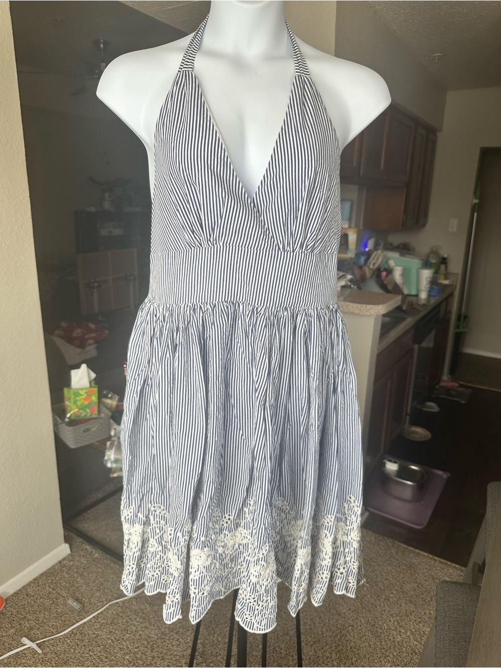 Unique Vintage Navy and White Striped Halter Dress with Lace Hem